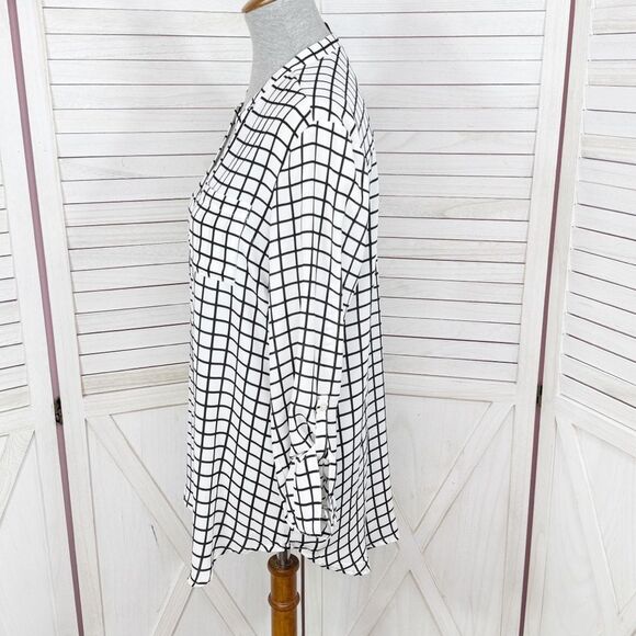 Worthington Windowpane Check Chiffon V Neck Blouse White Black Medium - Picture 2 of 11